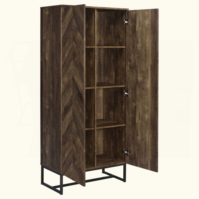 Rustic Oak And Gunmetal 8-Shelf Accent Cabinet