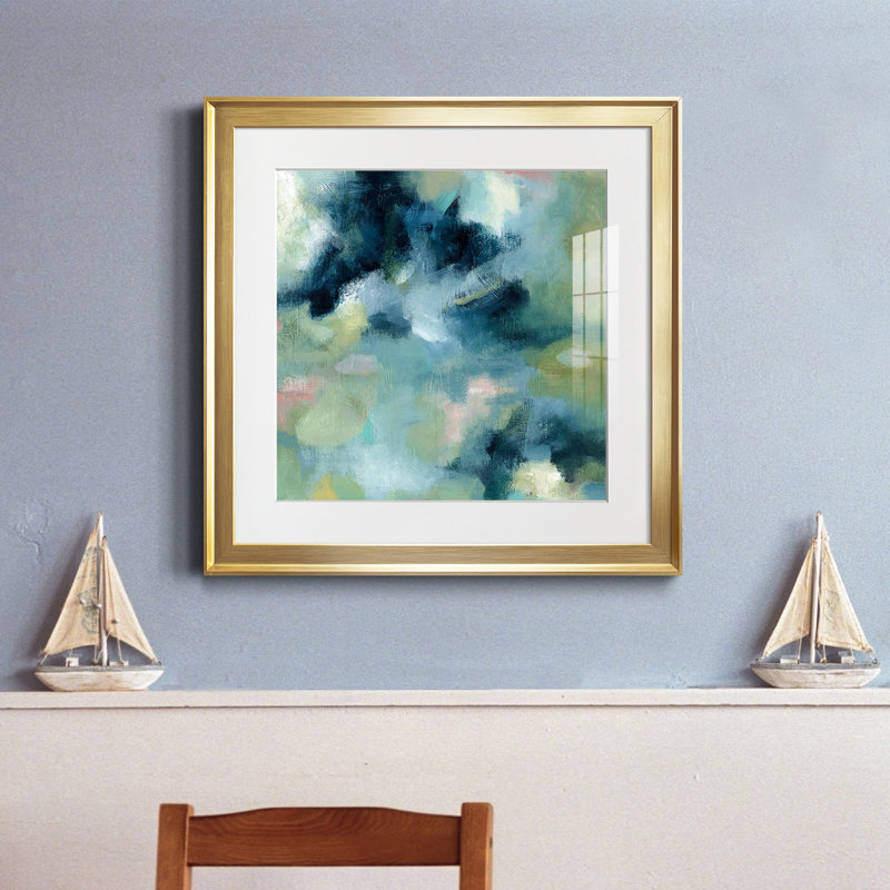 Jardin d'eau - peinture encadrée, H 17,5 po x l 17,5 po x P 1,5 po, Papier encadré doré