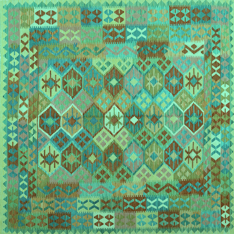 Tapis bleu / brun / vert clair en laine / polyester oriental tissé à la machine 7 pi x 7 pi