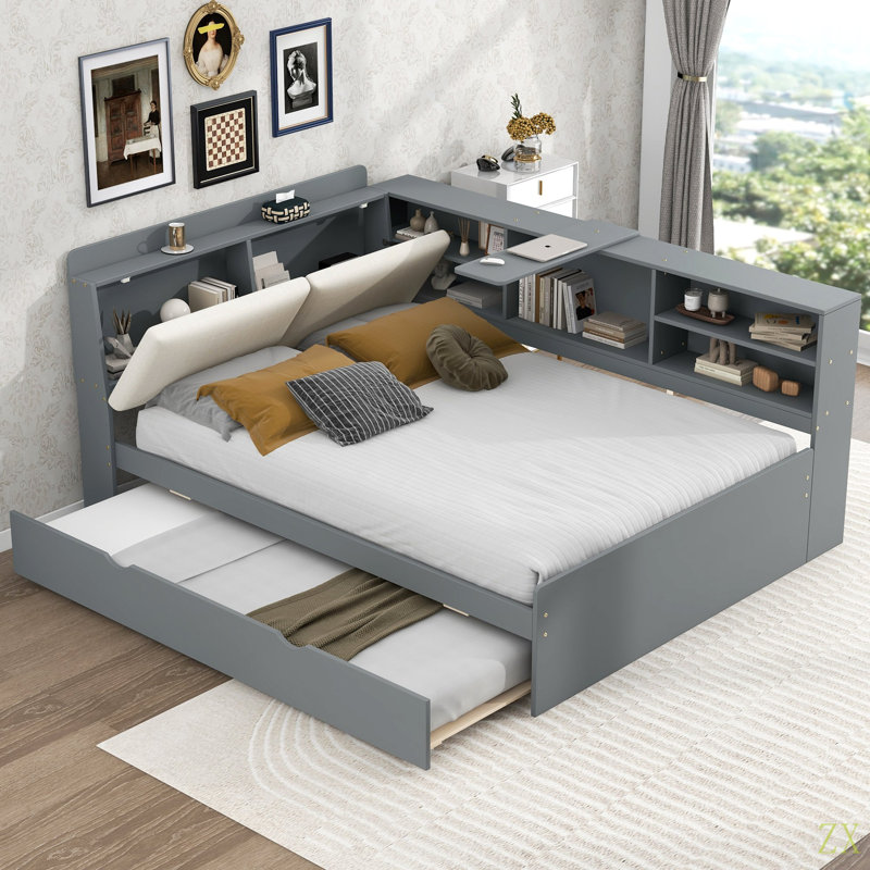 Lit plateforme en bois avec lit gigogne, tablettes et tête de lit avec rangement, Gris