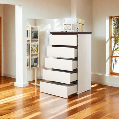 Tall White Dresser For Bedroom, Mid Century Modern Dresser With Drawers, 5 Drawer Dresser With Wood Color Top, Small Dresser For Kids Bedroom, Living by Ebern Designs