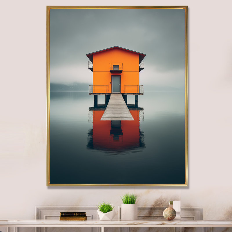 Petite embarcadère en bois Misty Lake Day - impression, Cadre flottant doré, H 32 po x l 16 po x P 1 po