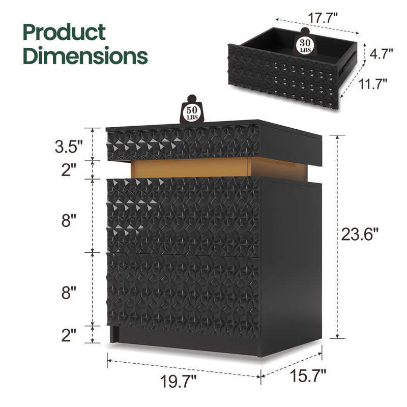 2-Drawers Nightstand with Charging Station & Sensor Lights, Black