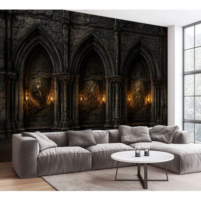 Wall Mural Peel and Stick Wallpaper Medieval Stone Wall Glowing Gothic Arches Heraldic Self-Adhesive Removable Contact Paper Wall Decor for Living Room Bedroom 100"H x 144"W