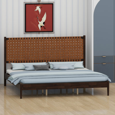 Handwoven Headboard Platform Bed in Mid-Century Modern Style