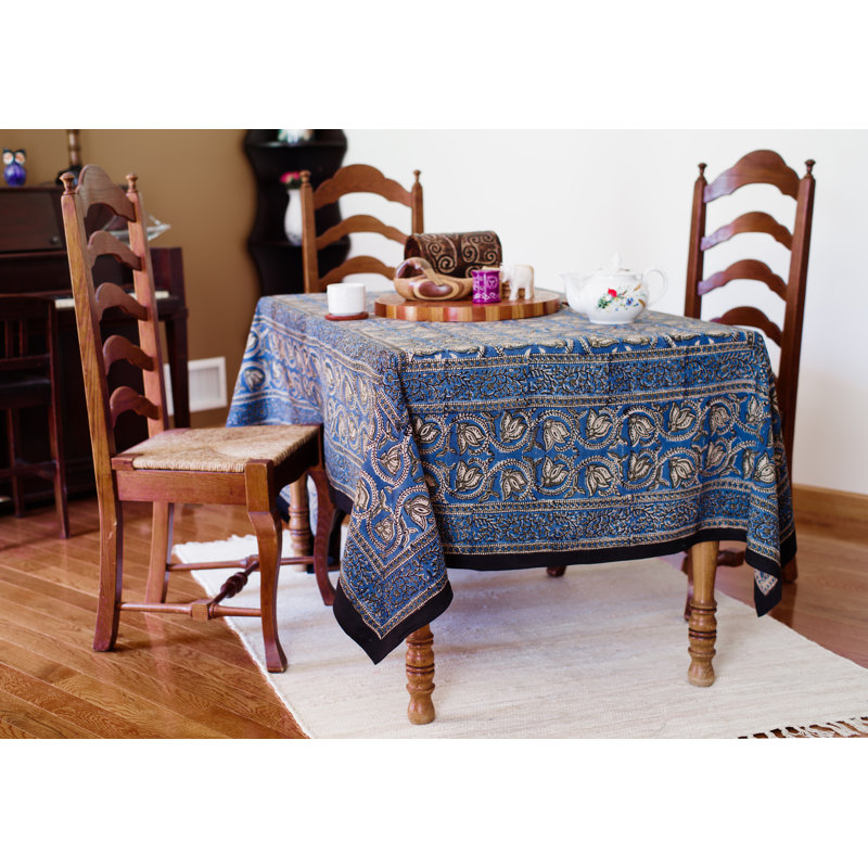 Oppenheimer Dabu Vine Block Printed Tablelcoth, 90" x 60", Blue