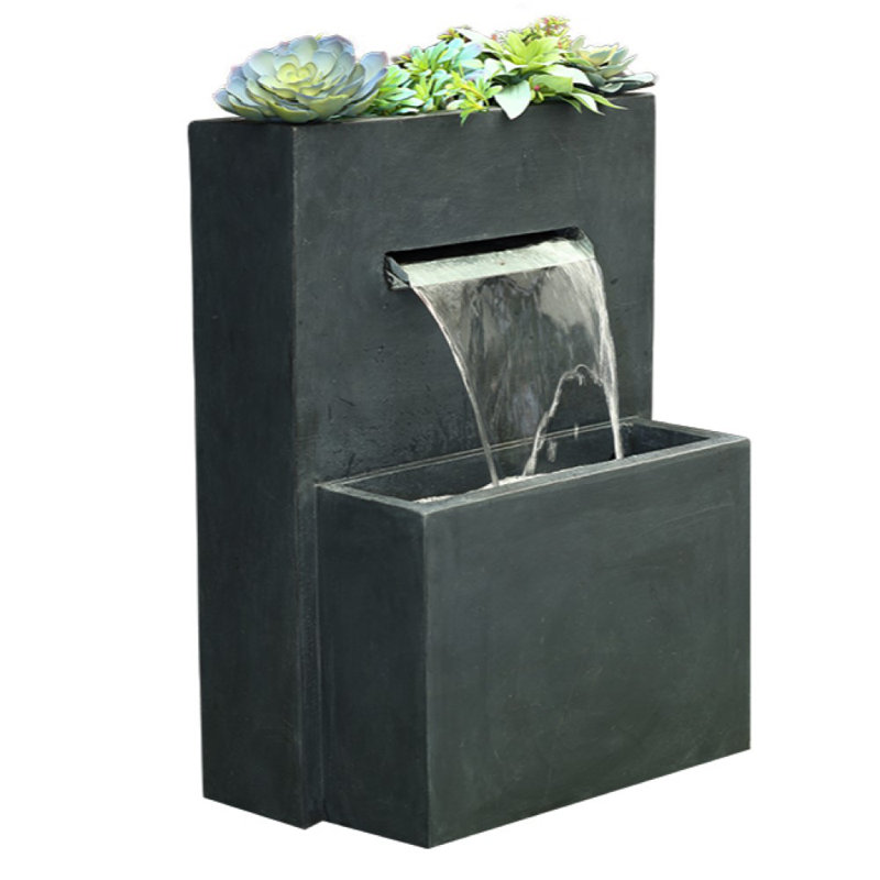 31.8'' H Modern Waterfall Outdoor Water Fountain with Top Planter, Resin Garden Fountain with Adjustable Flow