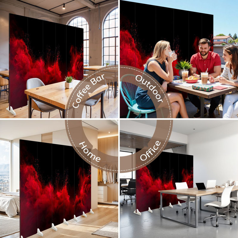 Cloison pliante 6 panneaux séparateur mural en toile rouge royal noir