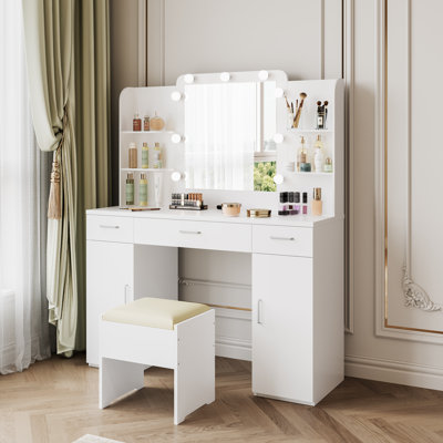 Ensemble coiffeuse avec miroir lumineux et tabouret rembourré Baeli