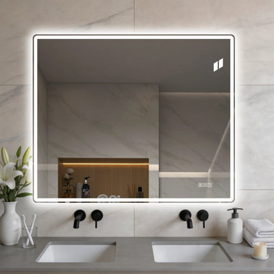 Frameless Front-Lit LED Bathroom Mirror with Anti-Fog, 3 Color Temperatures, Stepless Dimming, and Smart Memory Function