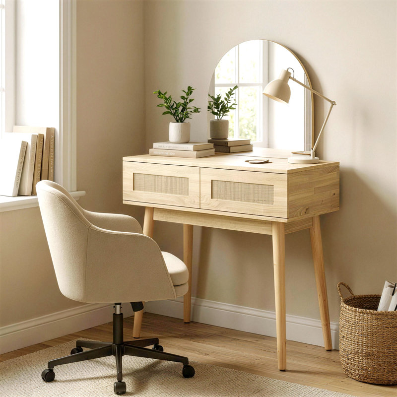 Bureau de coiffeuse avec miroir, coiffeuse de maquillage avec 2 tiroirs, bois naturel