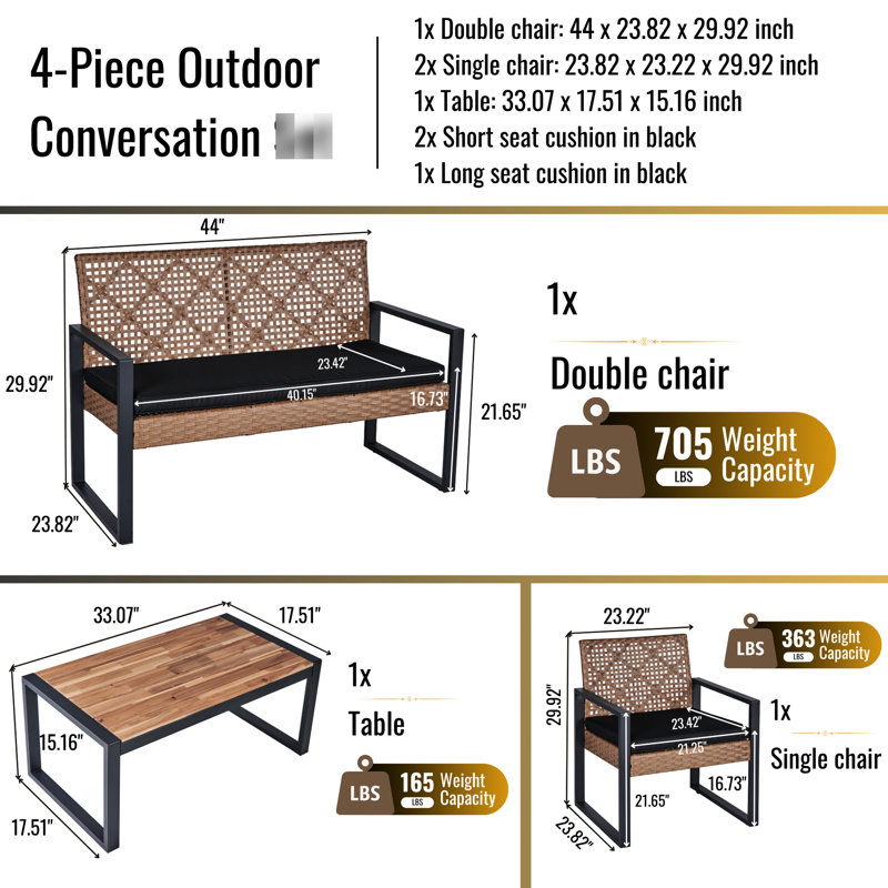 Outdoor Balcony Patio 4: Wood, Seating, Design Backyard Seating Table, Brown , Cushions