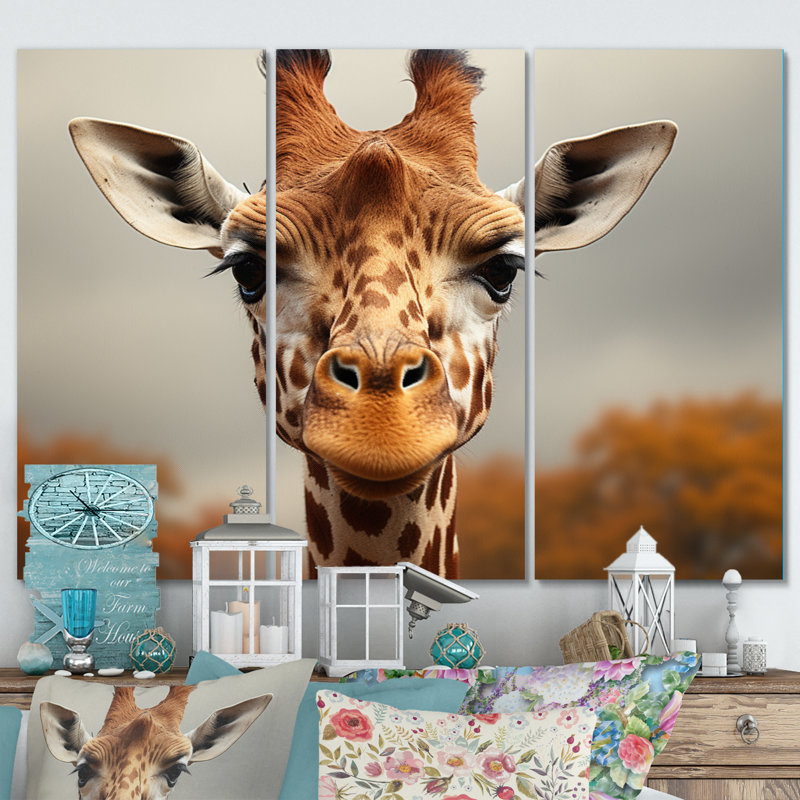 Girafe, portrait doux sur toile, 3 pièces, H 28 po x l 36 po x P 1 po