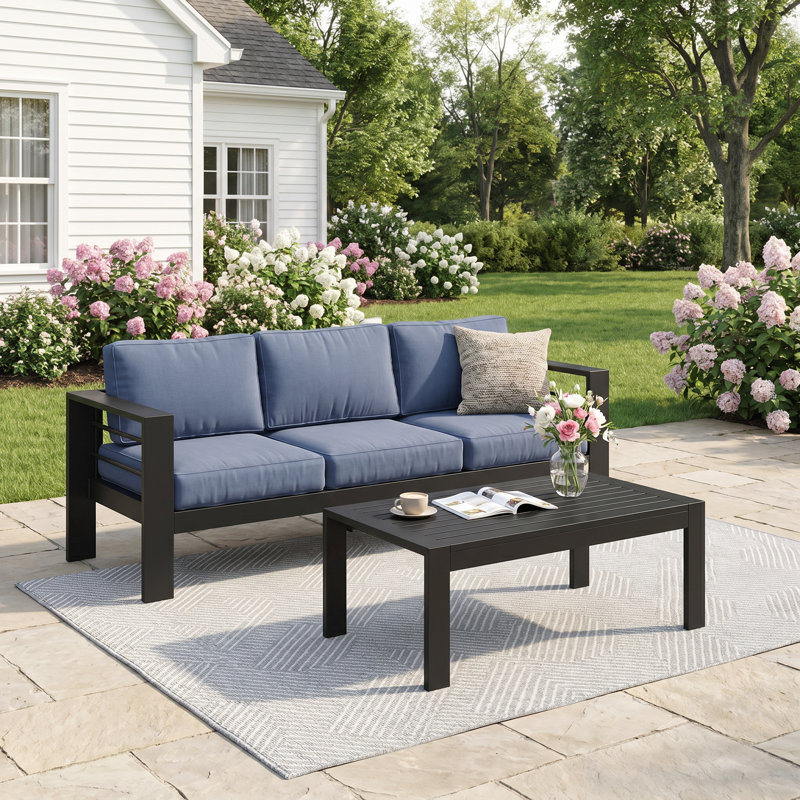 Ensemble de conversation pour l'extérieur en aluminium avec coussins 3 personnes, 2 Pcs: Coffee Table, Sofa, Bleu, Black
