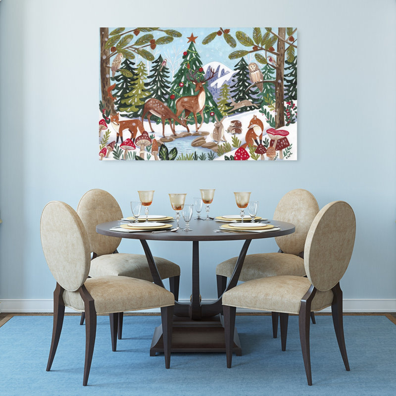 Animal Winter Scene Christmas Peaceful Abstract Contemporary Christmas Tree Deer Fox Forest Nature Wall Art Print 1 Piece Wrapped Canvas Wall Art