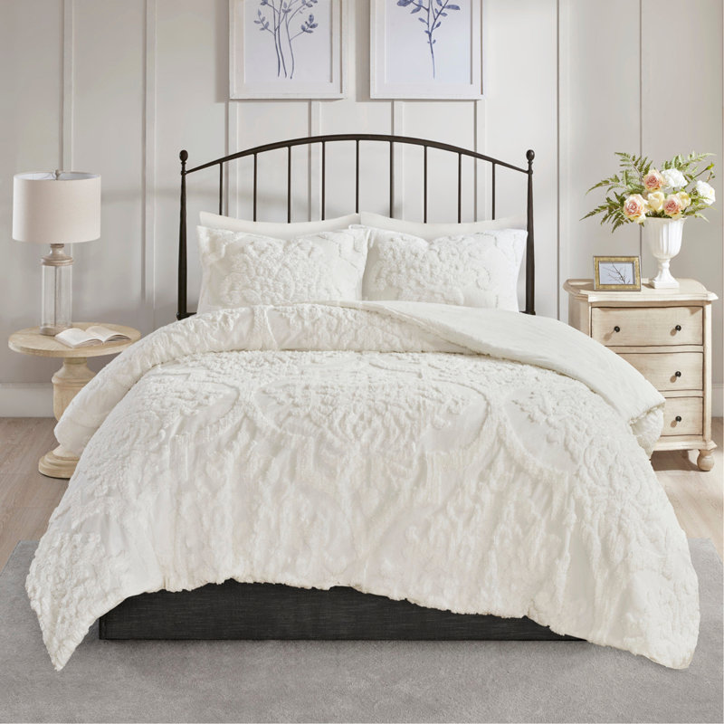Ensemble d'édredon damassé en coton 3 pièces touffeté blanc cassé, Édredon très grand + 2 taies décoratives, Blanc cassé