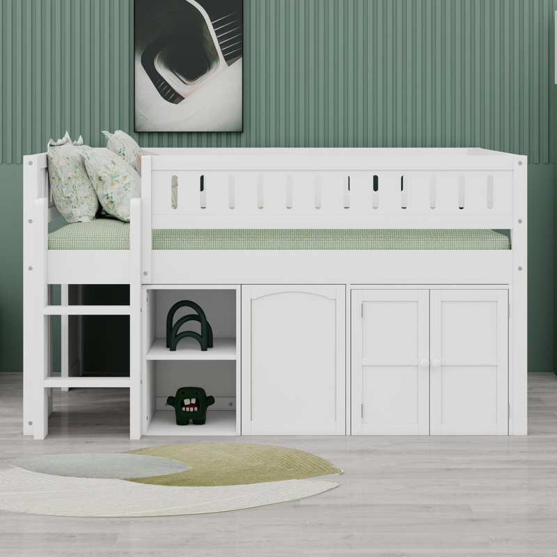 Lit mezzanine moderne avec tableau noir et armoire de rangement, Blanc