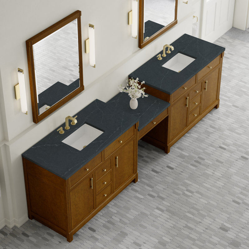 Bellshire 120" W Dual Vanity Set with 24" Make-Up Counter, 8" Widespread, Honey Oak, Charcoal Soapstone