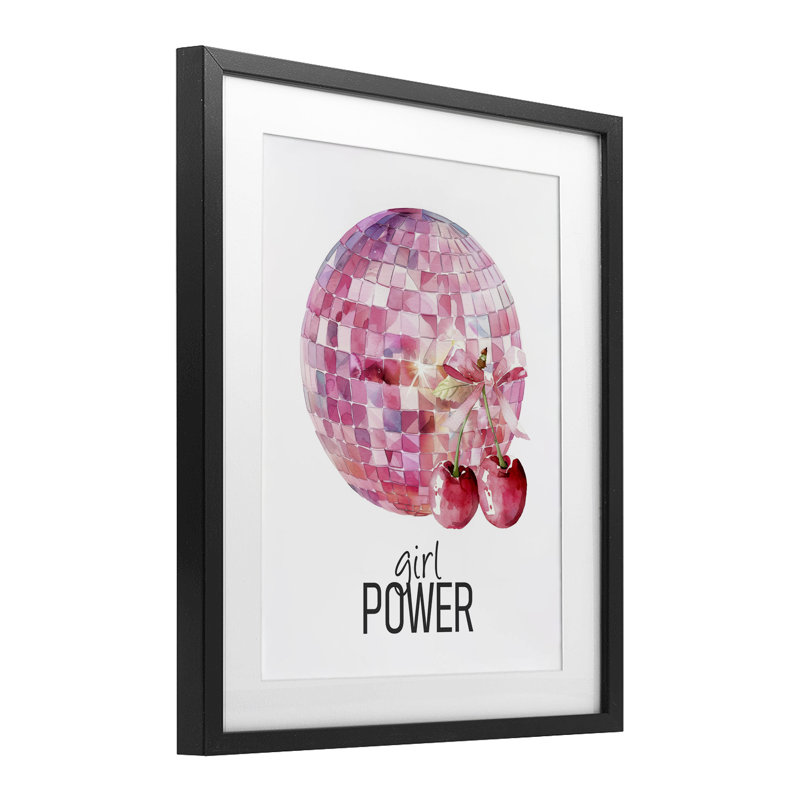 Girl Power Disco Cherries, impression sous verre encadrée, design par Kim Allen, Cadre noir minuit, H 16 po x l 13 po