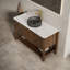 Meuble-lavabo de salle de bain 48 po Indigo, armoire de rangement autoportante en contreplaqué avec 3 portes diagonales rayées et tablette ouverte, lavabo en verre de transport noir et plateau en pierre frittée blanc de Carrare, grain de bois noyer foncé-130369467-130369473