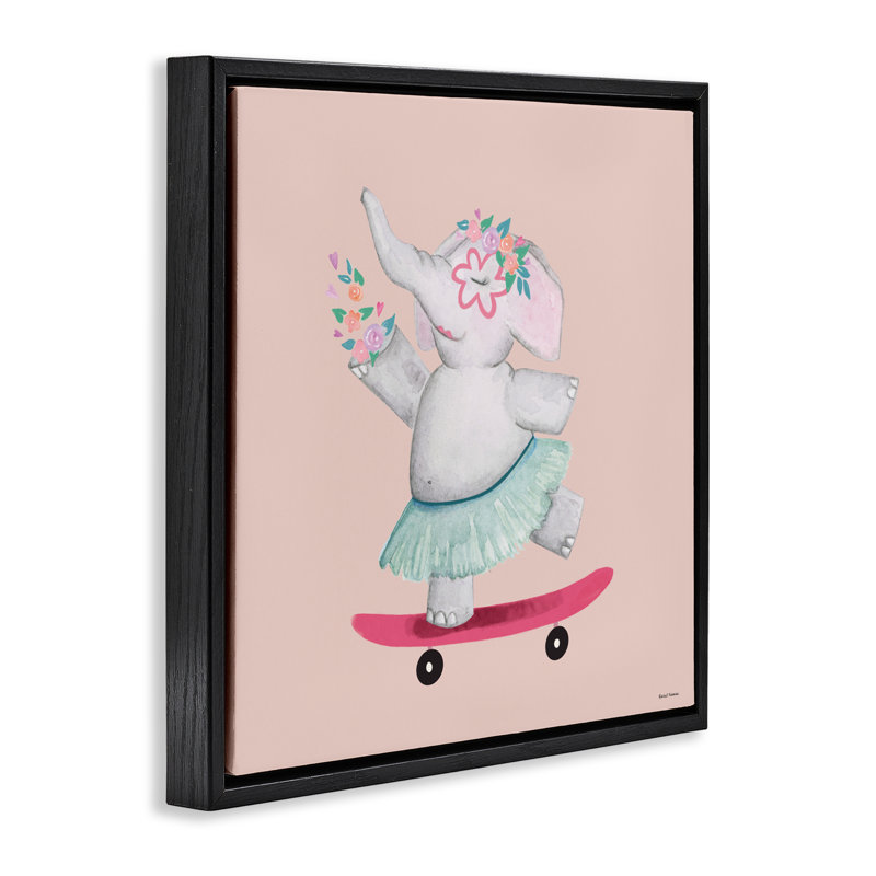 Skateboarding Elephant avec cadre flottant fleurs, design par Rachel Nieman, H 25 po x l 25 po, Cadre flottant noir de jais