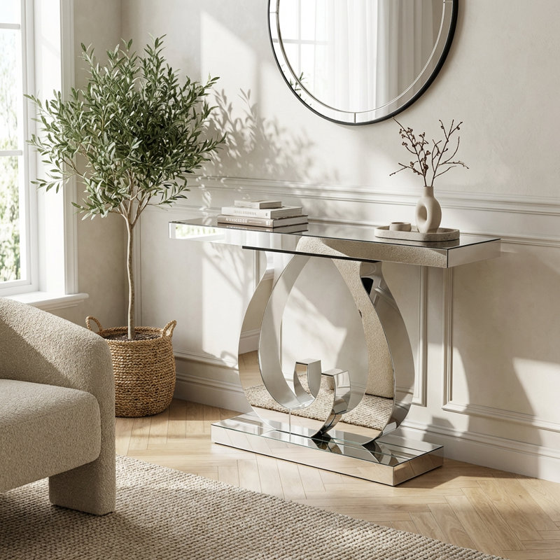 Modern Rectangular Mirror Side Table with Decorative Double C-Shaped Base, Versatile Glass Top Console Table
