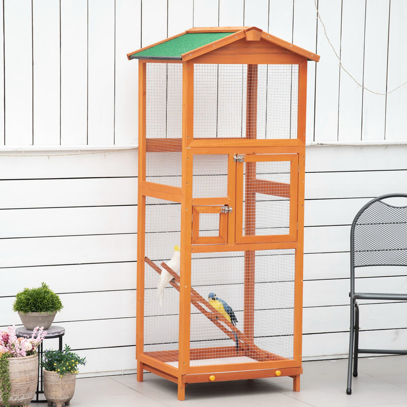 Volière d'extérieur 65 "en bois pour perroquets, perruches 2 portes, plateau coulissant, eau, protection en bois orange, avec portes et plateau