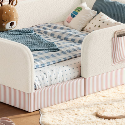 Grand lit de sol tapissier doux, lit bas-à-sol de style Montessori avec rails de sécurité complets, poche de rangement latérale, structure en molleton douillet et filles, beige
