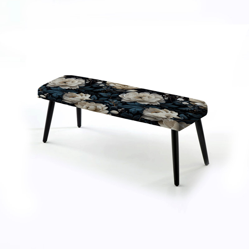 Royal White And Black Flowers Pattern - Floral Upholstered Black Bench