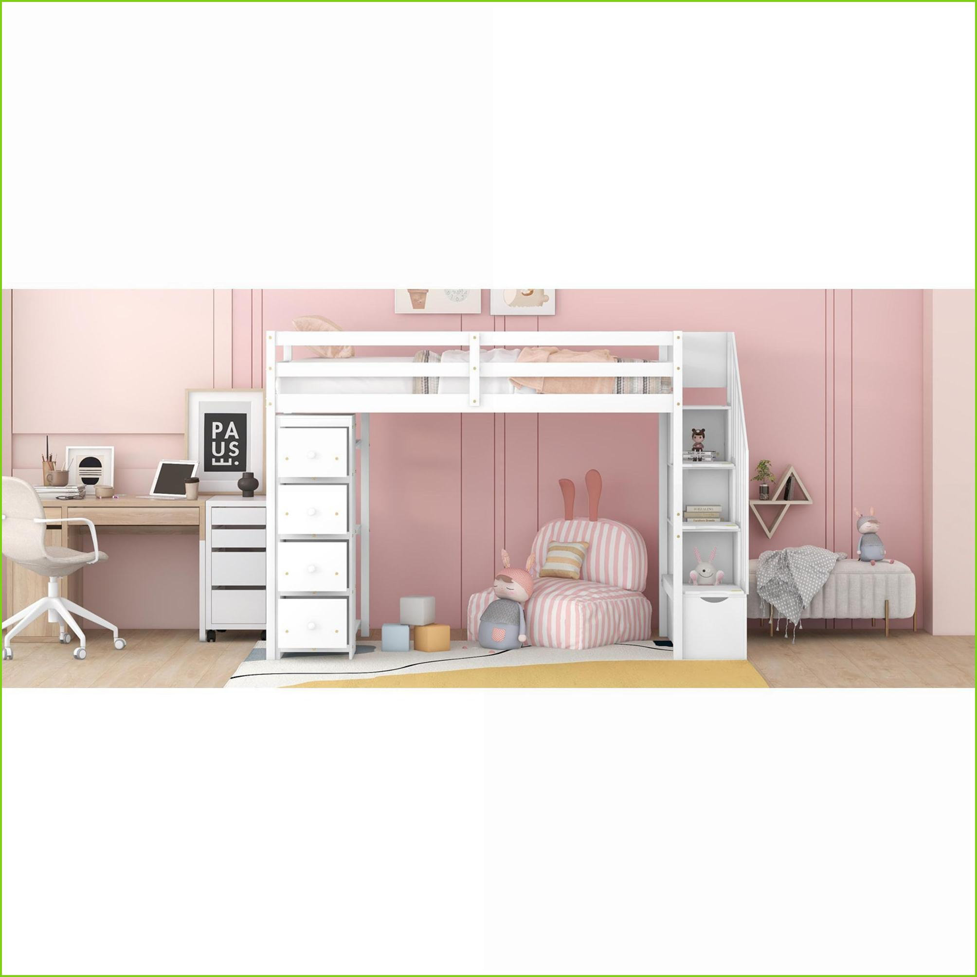 Latitude Run® Twin Size Solid Pine Wood Loft Bed with Storage Drawers ...