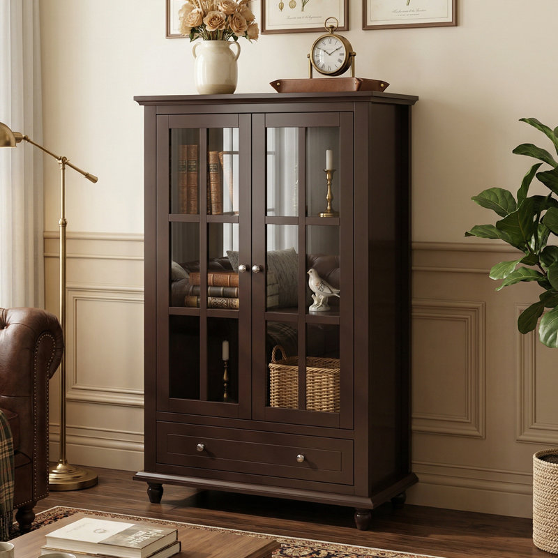 Bibliothèque de rangement en verre Elzadie, Marron foncé