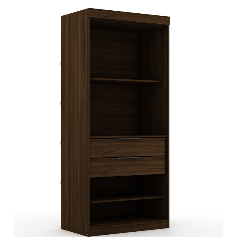 Mulberry 36" Contemporary Modern Open Wardrobe Closet with Drawers and Adjustable Shelves in Chestnut Brown, Brown