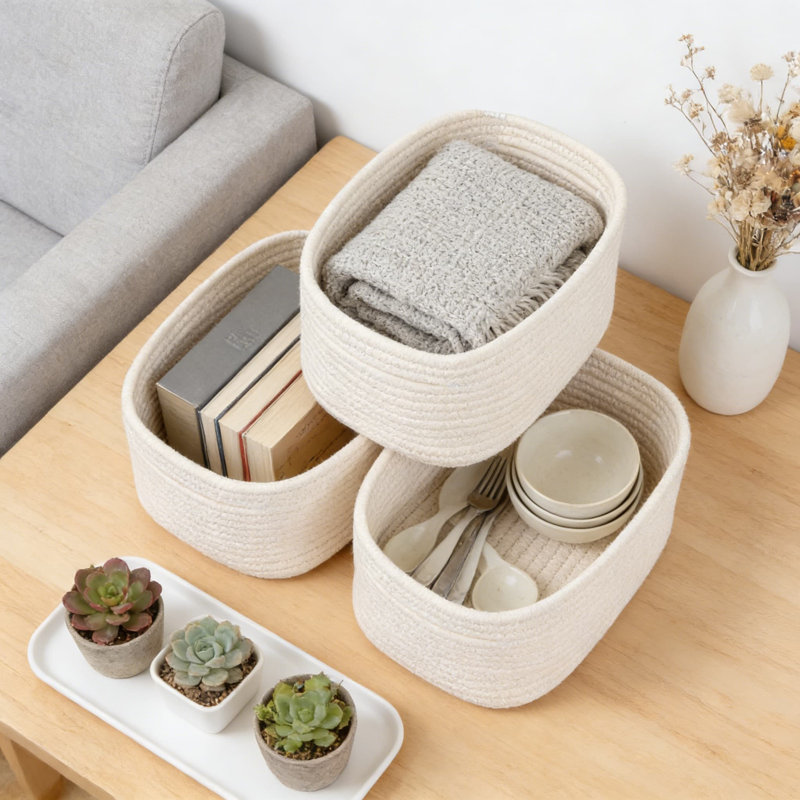 Woven Storage Baskets Set Of 3, Small Organizer Bins For Shelves And Closet, Decorative Rectangular Cube Bins For Home, Nursery, And Office Organization