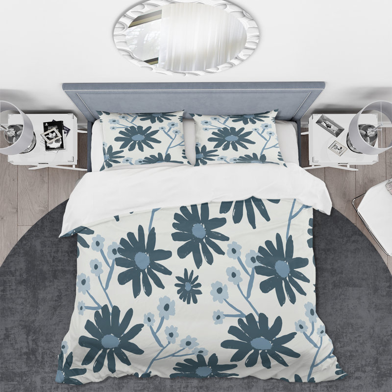 Fleurs bleues abstraites - Ensemble de housse de couette moderne Mid-Century - Microfibre de polyester