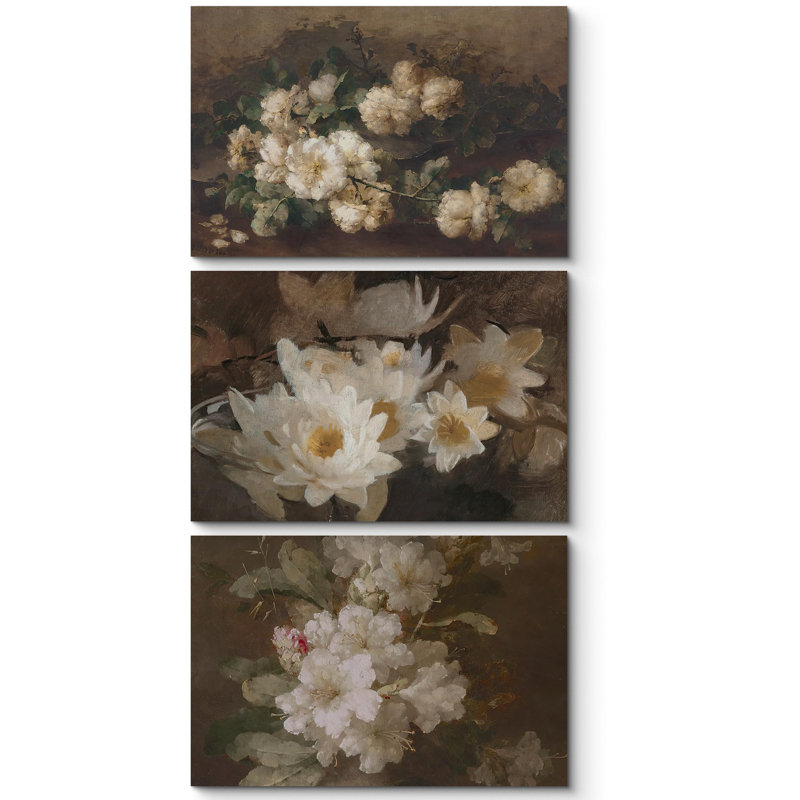 "Bouquets de fleurs de jardin rétro" - 3 pièces, H 24 po x l 36 po, Toile tendue