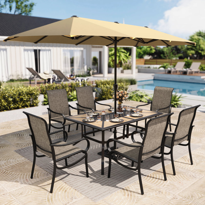 6-person Patio Dining Outdoor Table Set With Umbrella, Beige