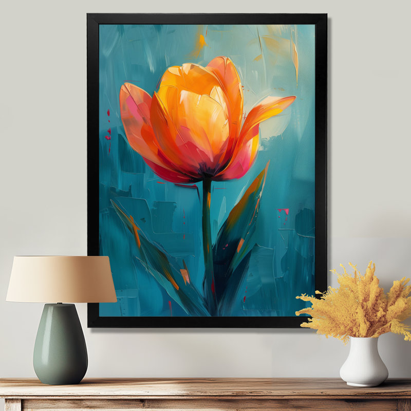 «Orange Orange Vibrant Bloom Tulips I», art mural tulipes, H 40 po x l 30 po x P 1,5 po, Cadre simple noir, bois massif