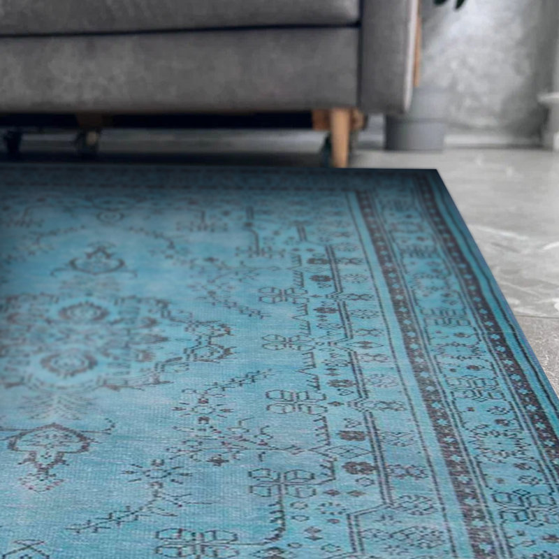 Tapis décoratif bleu à motif tissé rétro, Tapis de couloir 2 pi 6 po x 9 pi 11 po