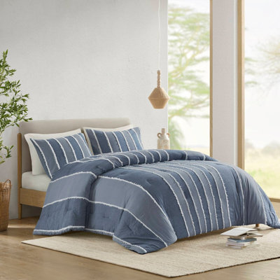 3 Pieces King/Cal King Striped Cotton Comforter Set,Blue