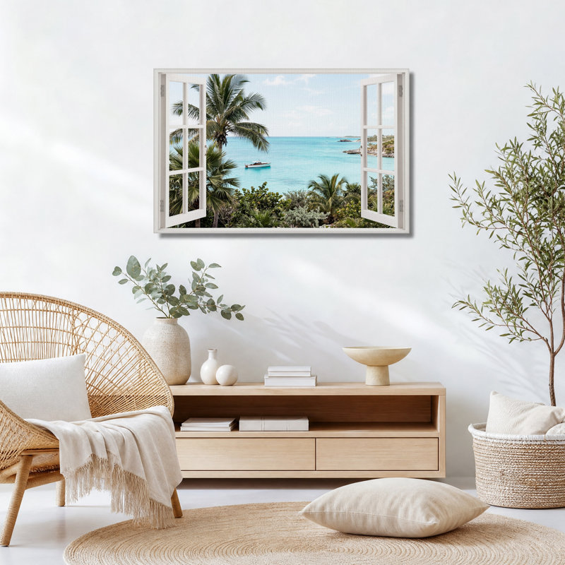 Tableau sur toile avec vue sur l'océan turquoise à travers une fenêtre ouverte, H 18 po x l 24 po