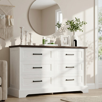 Commode en bois à 6 tiroirs, grand meuble de rangement avec glissières fluides et poignées en métal pour chambre ou salon.