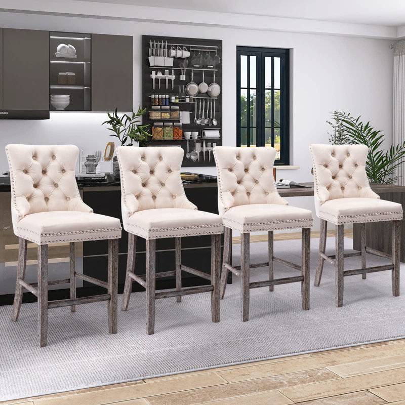 Tabouret de bar rembourré en velours avec dossier capitonné, Beige, Gris, 4