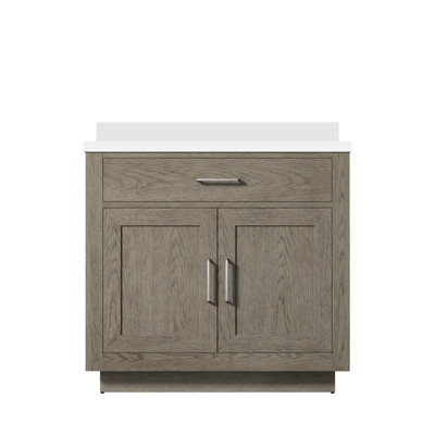 Meuble-lavabo simple en chêne gris 36 po X P 22 po D, avec plateau en quartz blanc