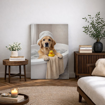 Mignon Golden Retriever Bath Time Duck, impression sur toile, impression sur toile encadrée
