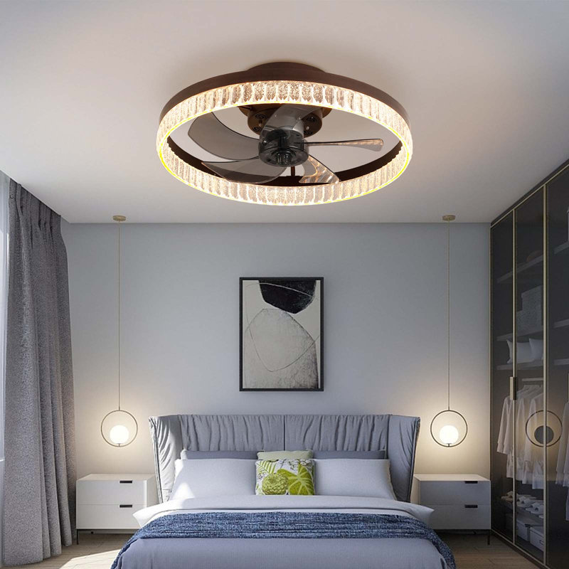 Ventilateur de plafond à profil bas de 20 po avec lumière et télécommande, DEL à intensité variable, 6 vitesses, pales réversibles, anneau en cristal
