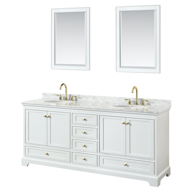 Ensemble de meuble-lavabo double 80 "avec miroir Deborah, Blanc, Doré