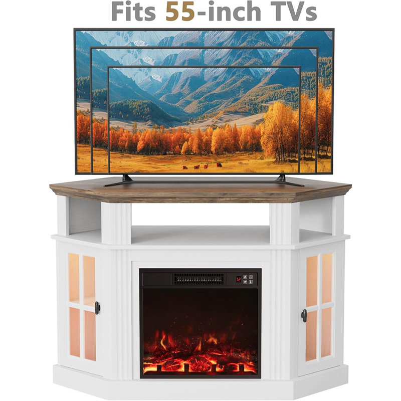 Fireplace Corner TV Stand, LED Antique White – 18" Electric Fireplace With Open Shelf And Storage Cabinets For Tvs Up To 55"