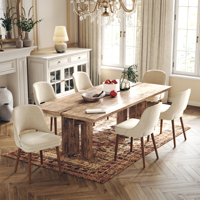 Two-tier solid wood upholstered side chair, Sleek, Beige, Set of 6