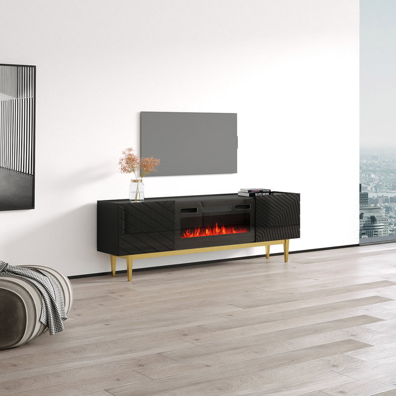 Gerlef 31.5" Modern TV Stand with Electric Fireplace, High Gloss Finish, Wall-Mounted, Black