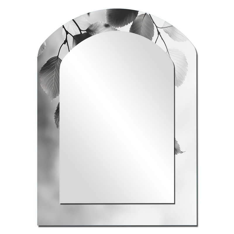 «Black White Leaves Gentle Breeze II» - miroir mural à feuilles arquées, miroir décoratif asymétrique noir, 34 po x 25 po